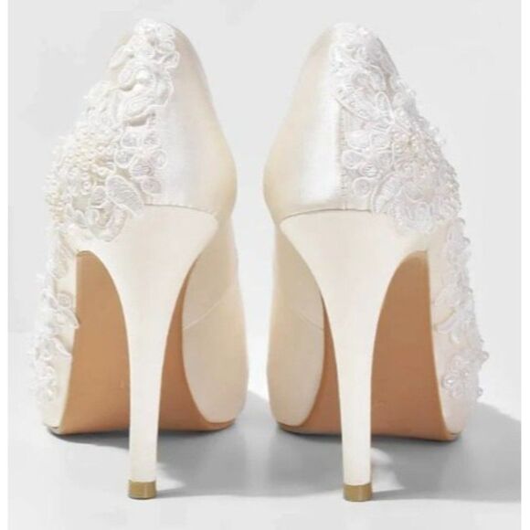 Christy‎ Ing Rosie V2 Lace Ivory Wedding Satin Bridal Lace Peep Toe 10 Heel - Picture 5 of 10